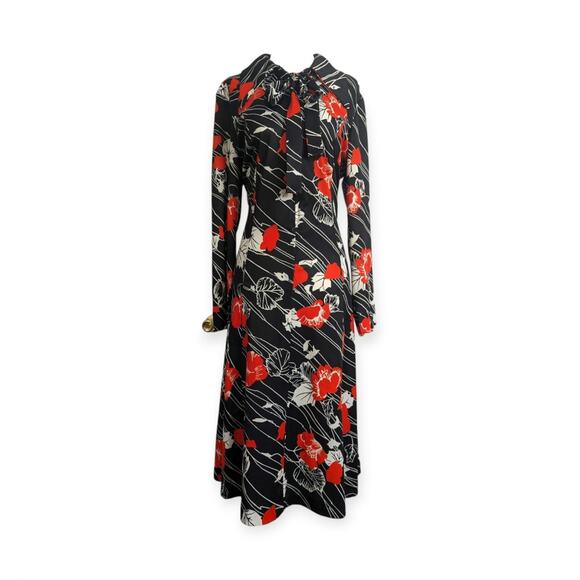 Vintage 70's Poppy Print Neck Bow Tie Midi Sheath Dress - Picture 1 of 7